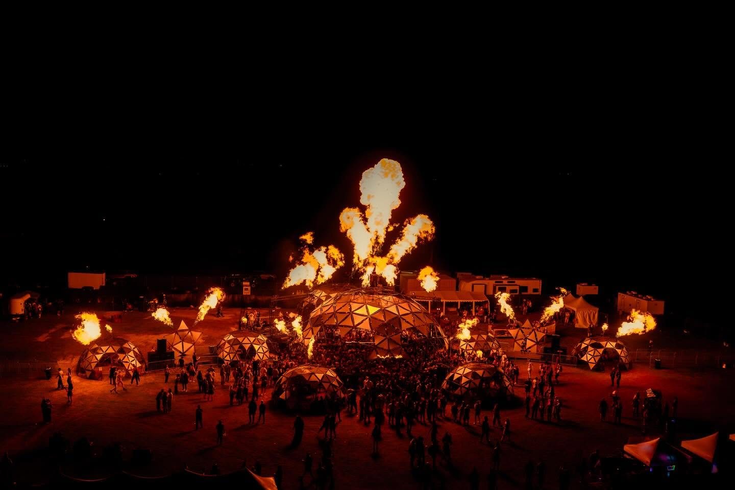 Incendia geodesic domes with fire effects at night